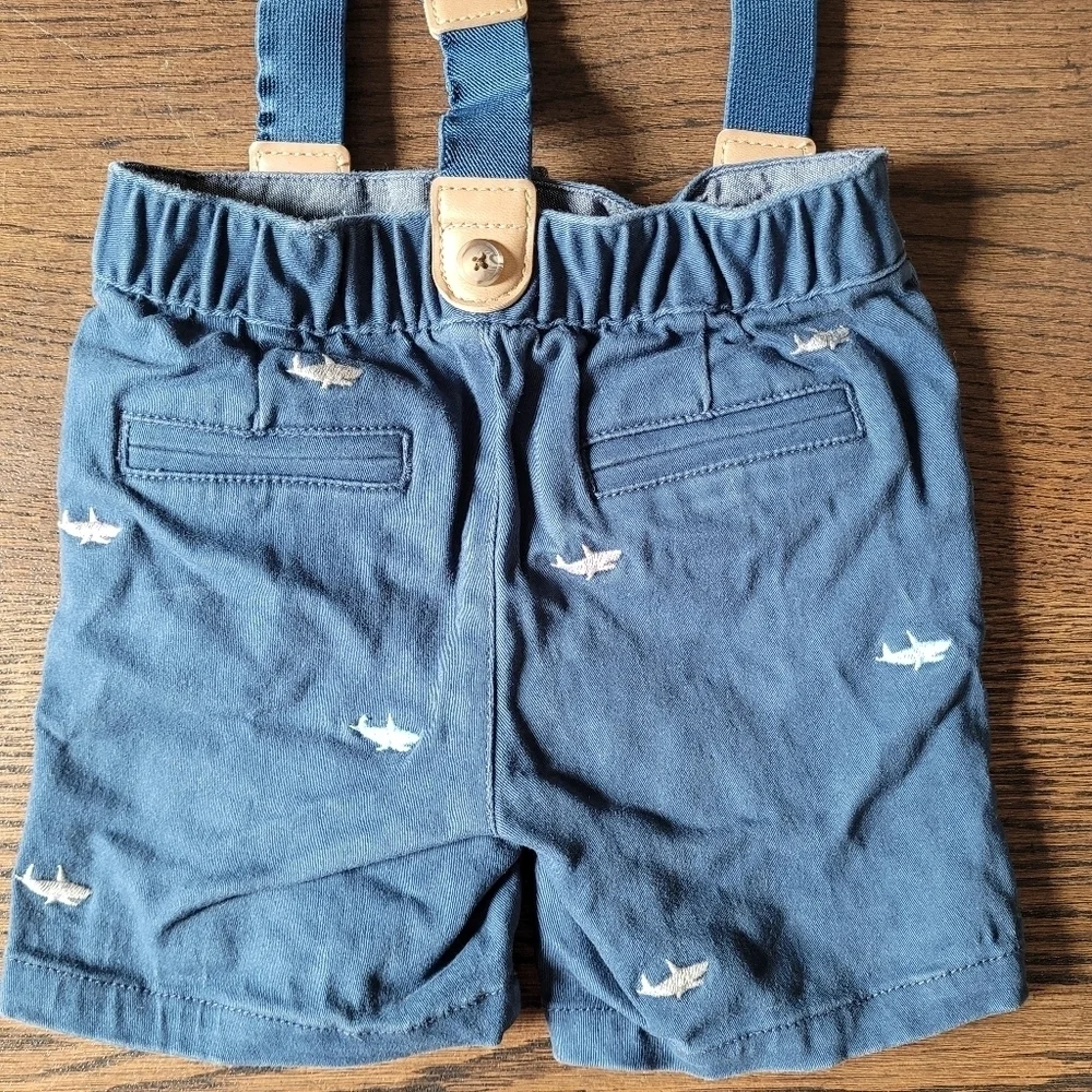 Gymboree Blue Shorts with Embroidered Sharks and Suspenders Size Boy 12-18 Month